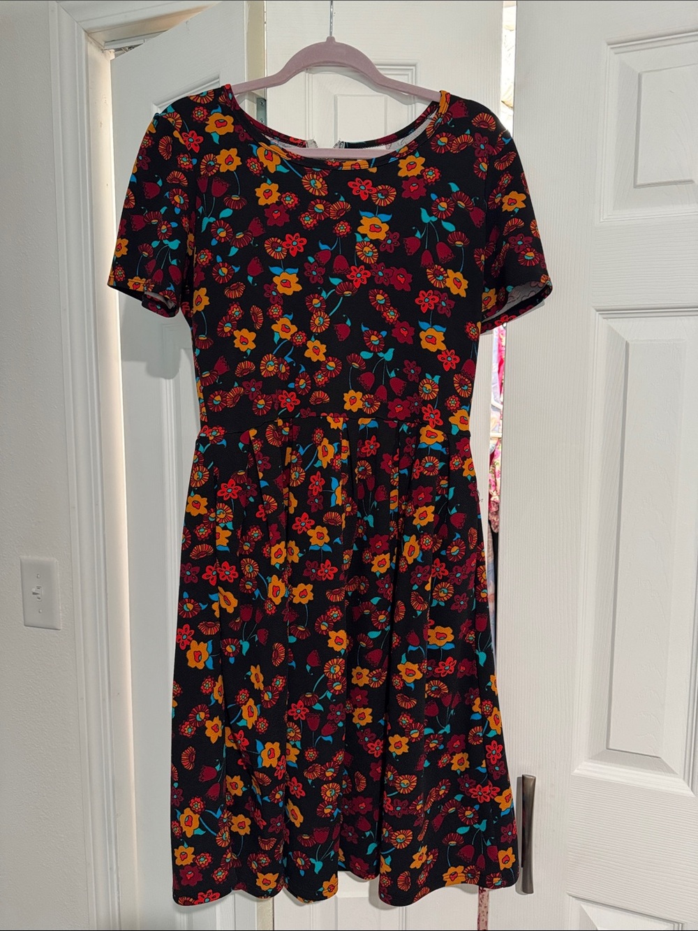 LuLaRoe Black Floral Fit & Flare Dress with Yellow and Teal Accents